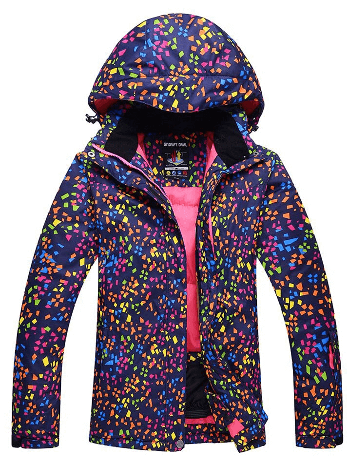 Women's multicolor windproof skiing jacket with hood, featuring a vibrant pattern and waterproof design for optimal outdoor protection.